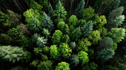 Aerial view of dense forest with detailed green trees and vibrant foliage creating peaceful and natural atmosphere in wilderness landscape