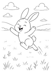 coloring book Joyful bunny leaping through a sunny meadow grass field Cute line art for coloring 