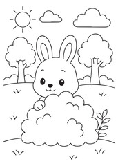 Coloring book bunny peeking out from behind a fluffy bush in a sunny landscape