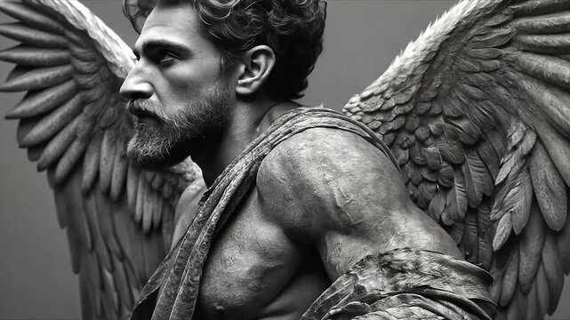 Winged figure in dramatic pose, showcasing strength