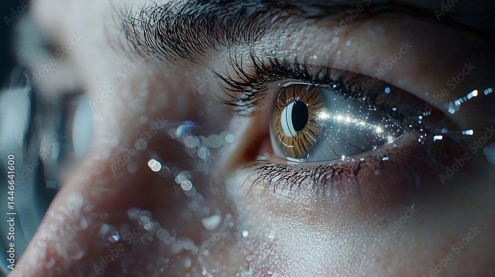 Poster close-up of an eye with sparkling light effects. represents vision perception or futuristic technolo