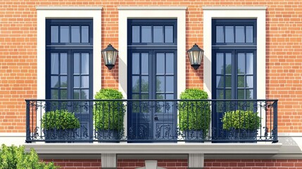 Three dark-blue doors with balcony, brick wall.