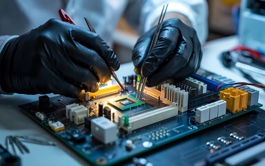 Technician Repairing Computer Motherboard With Tweezers In Laboratory
