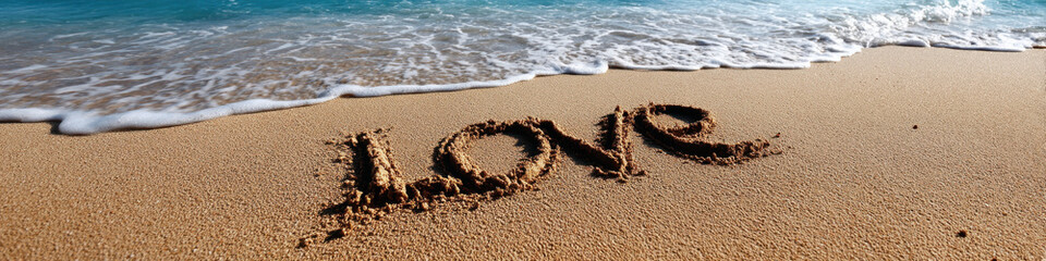 Love word written on sandy beach with ocean wave approaching shore, sunny day with clear blue water and warm sand creating peaceful and romantic atmosphere