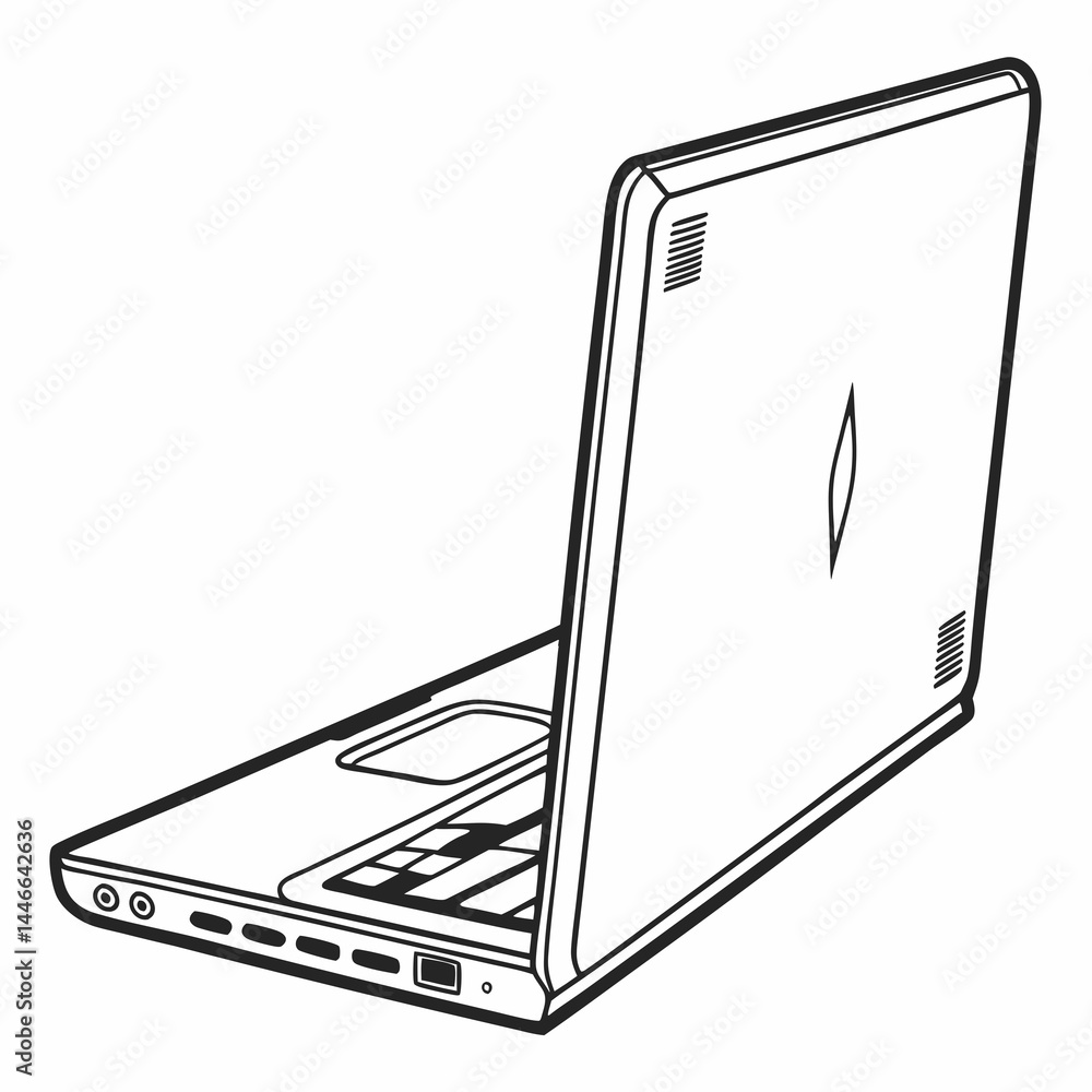 Poster open laptop back view outline vector illustration for design and print use