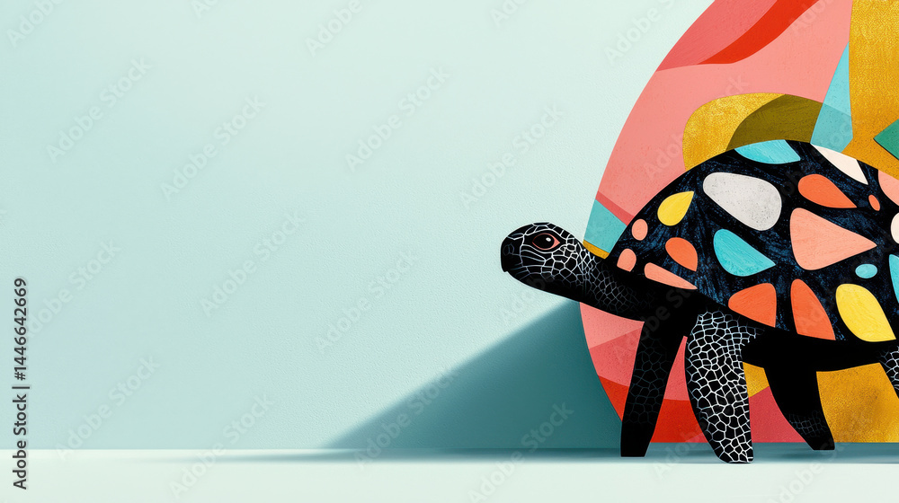 Poster an illustration of a wise old tortoise with colorful , walking in the midground, showcasing copy spa