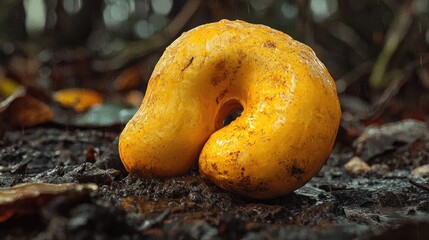 Unusual, golden fruit resting on dark forest floor.