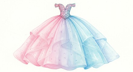 Elegant ball gown with bodice and layered skirt in pastel pink and blue hues