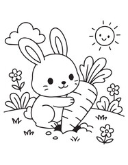 Coloring book Happy bunny hugging a big carrot Cute line art for coloring education for kid