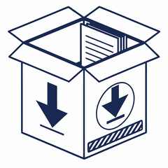 Isometric Box With Download Arrow And Papers Delivery Vector Illustration