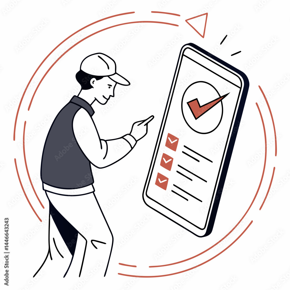 Poster man checking task list on smartphone for online work success