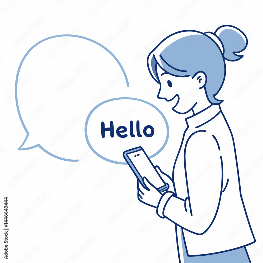 Poster woman using smartphone with speech bubble showing hello message illustration