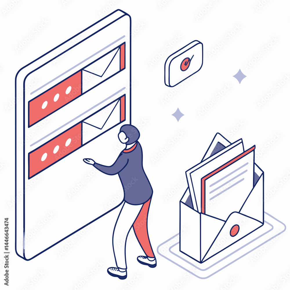 Poster man analyzing email inbox in isometric vector illustration style