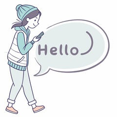 Woman Walking And Using Smartphone With Speech Bubble Hello Message