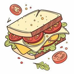 Tasty Cartoon Sandwich With Lettuce Tomato And Cheese Illustration