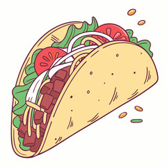 Cartoon Taco With Meat Lettuce Tomato And Onions Vector Illustration