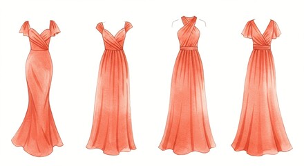 Watercolor Fashion Illustration: Four long flowing gowns of peach hue, varying bodices