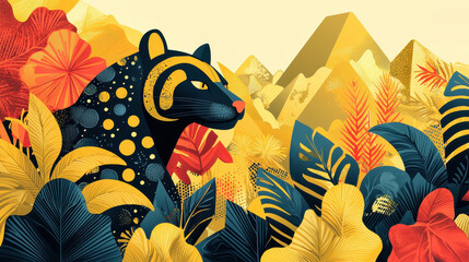 Illustrated wildcat pee through vibrant foliage in a neighborhood setting, creating copy space amidst colorful geometric shapes and stylized wildlife art.