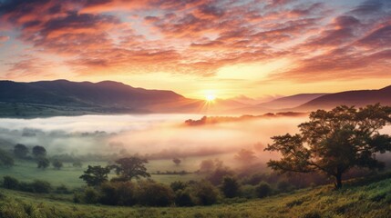 Obraz premium sunrise in the misty morning HD background wallpaper
