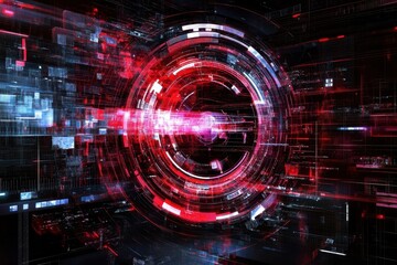 Abstract digital art, featuring a swirling, circular pattern of glowing red and blue lines, circuits, and data streams within a complex network of interconnected nodes and components