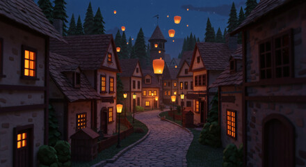 Night lanterns village town fantasy lights buildings architecture evening sky trees scene cartoon