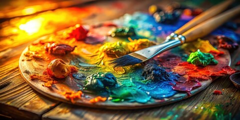 Obraz premium A Vivid Artist's Palette Displaying an Array of Vibrant Oil Paint Colors with a Paintbrush Resting Upon It