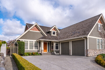 Two story stucco luxury house with nice spring blossom landscape in Vancouver, Canada, North America. Day time on April 2025.