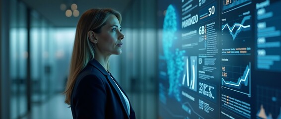 Businesswoman Interacting with Holographic Alongside Futuristic Graphics.