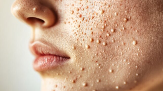 Close-up view of a person's face displaying milia or skin with white spots