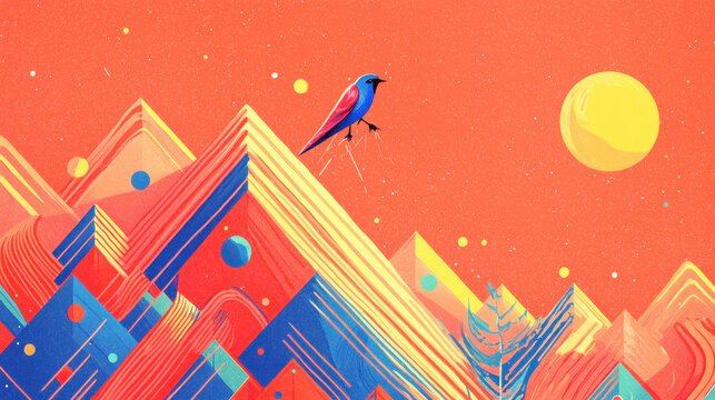 A vibrant wildlife illustration presents a colorful bird soa over abstract mountain peaks beneath a warm sun with ample copy space for creative designs.