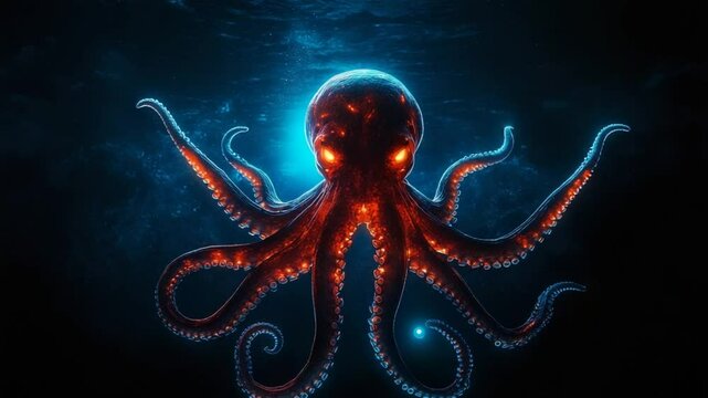 Glowing Kraken: Digital Art of a Fierce Octopus in the Deep Ocean