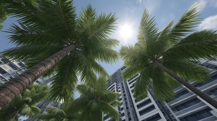 Fototapeta premium Bright tropical noon sun shines through lush palm trees, vibrant urban backdrop - heat architecture high sky low