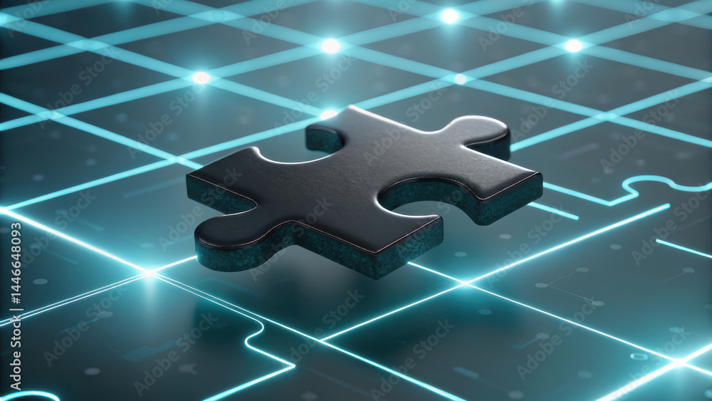 Poster black puzzle piece floating over glowing grid with digital futuristic style, symbolizing connection 
