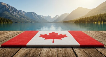Canadian Flag on Wooden Dock Overlooking Majestic Mountain Lake in Banff National Park