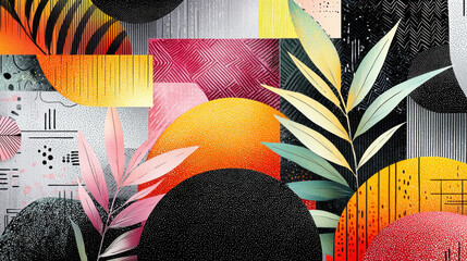 A vibrant illustration with colorful geometric shapes and botanical elements creates a modern, eye-catching design with ample copy space for creative projects.