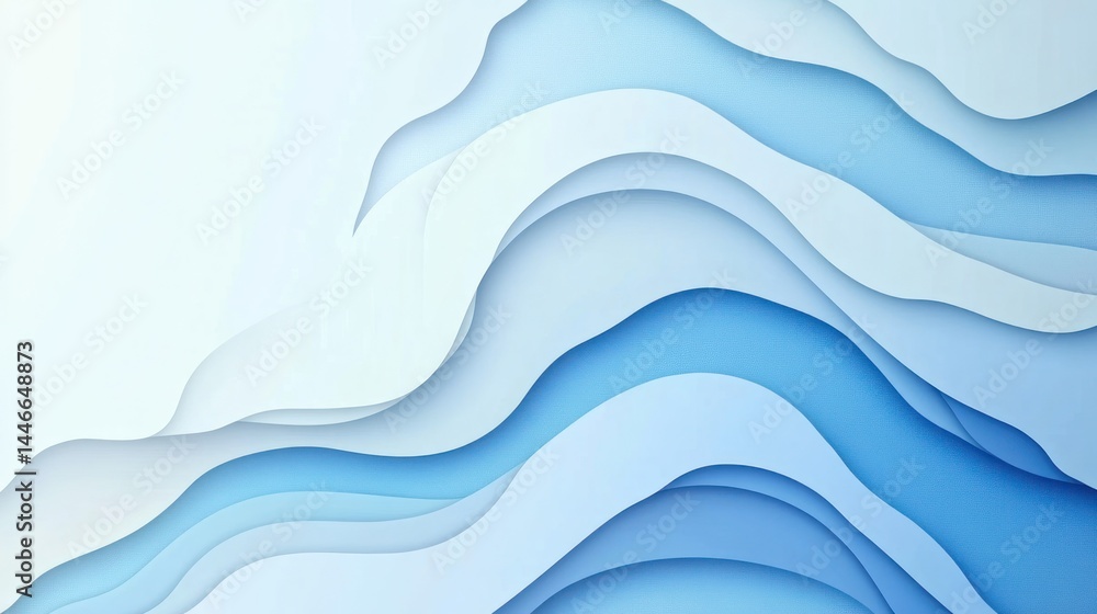 Poster abstract layered papercut design in shades of blue, creating a wavy, flowing pattern