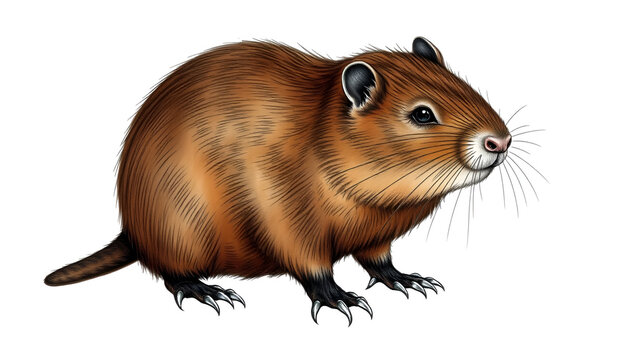 Eastern Water Vole (Arvicola amphibius) - A biologically accurate hand-drawn illustration featuring its dark brown fur, blunt snout, and strong claws, isolated on white