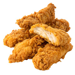 Crispy fried chicken tenders with golden brown textured coating, delicious deep-fried snack or meal isolated on transparent background. 
