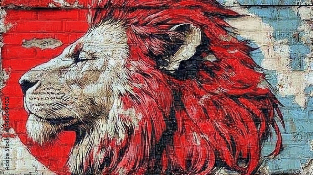 Poster abstract lion portrait with textured background evoking a modern urban art mural style for use in gr