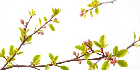Obraz premium Delicate young spring branches with small leaves and buds, isolated on white background, creating a natural frame, Easter, delicate