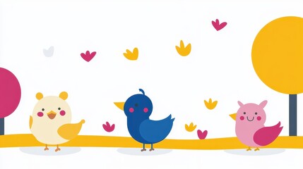 Cute pixel art birds chirping among colorful pixelated trees creating a cheerful whimsical scene for children's book illustration or playful design