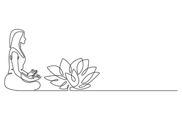 Continuous one line drawing of Young Woman doing yoga with lotus flower. Single line drawing illustration of Woman doing yoga. Fitness and gym concept vector art. Doodle line illustration.