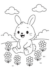 Coloring book Happy bunny sitting amongst cheerful flowers in a sunny meadow Cute line art for coloring creative for kids 