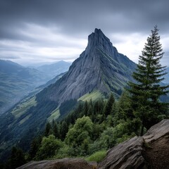 Obraz premium Misty mountain peaks, dramatic cloudscape, scenic landscape, serene nature - overcast landscape mist