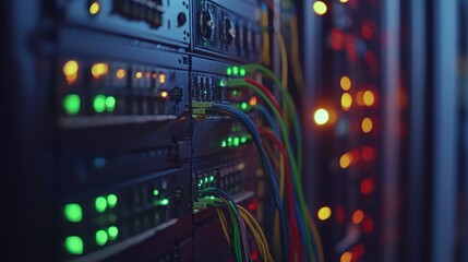 Obraz premium Network server racks in a data center at night, showcasing colorful cables connecting various components. Multiple illuminated panels, indicating active processes