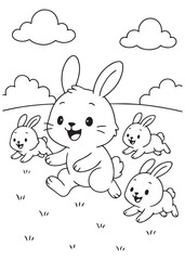 Coloring book Mama bunny leading her playful little bunnies through a grassy field Cute line art for coloring education