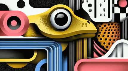 A unique illustration showcases a stylized yellow amphibian with copy space amidst a vibrant geometric backdrop, offe a modern and eye catching design element.