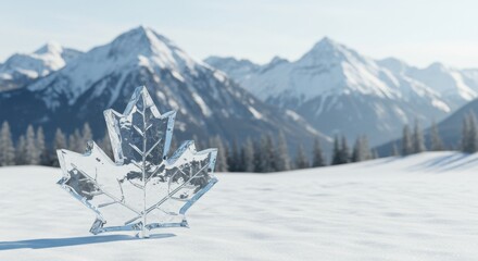 A Crystalline Canadian Maple Leaf in a Snowy Mountain Landscape, Winter Wonderland Serenity
