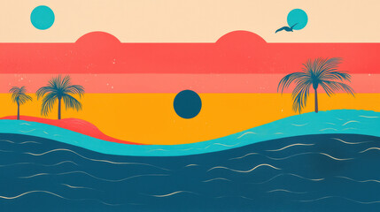 Fototapeta premium Tropical adventure illustration showcases silhouetted palm trees on islands under a colorful sunset sky, embodying serene copy space in the modern graphic design.