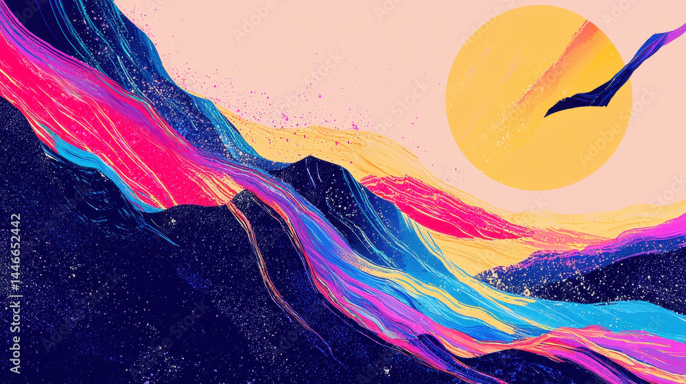 Poster a tranquil illustration of colorful mountains blending into a peaceful sky with a bird flying near t